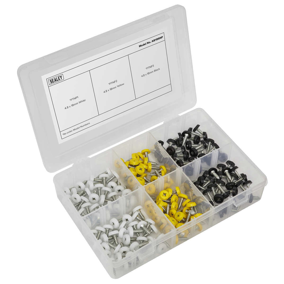 The Sealey Numberplate Screw Assortment 195pc 4.8mm x 18mm - Plastic Enclosed Head (AB195NP) comes in an open plastic organizer box with nine compartments, containing assorted screws and wall anchors in white, yellow, and black. This partitioned box also includes specialized numberplate screws for added versatility.