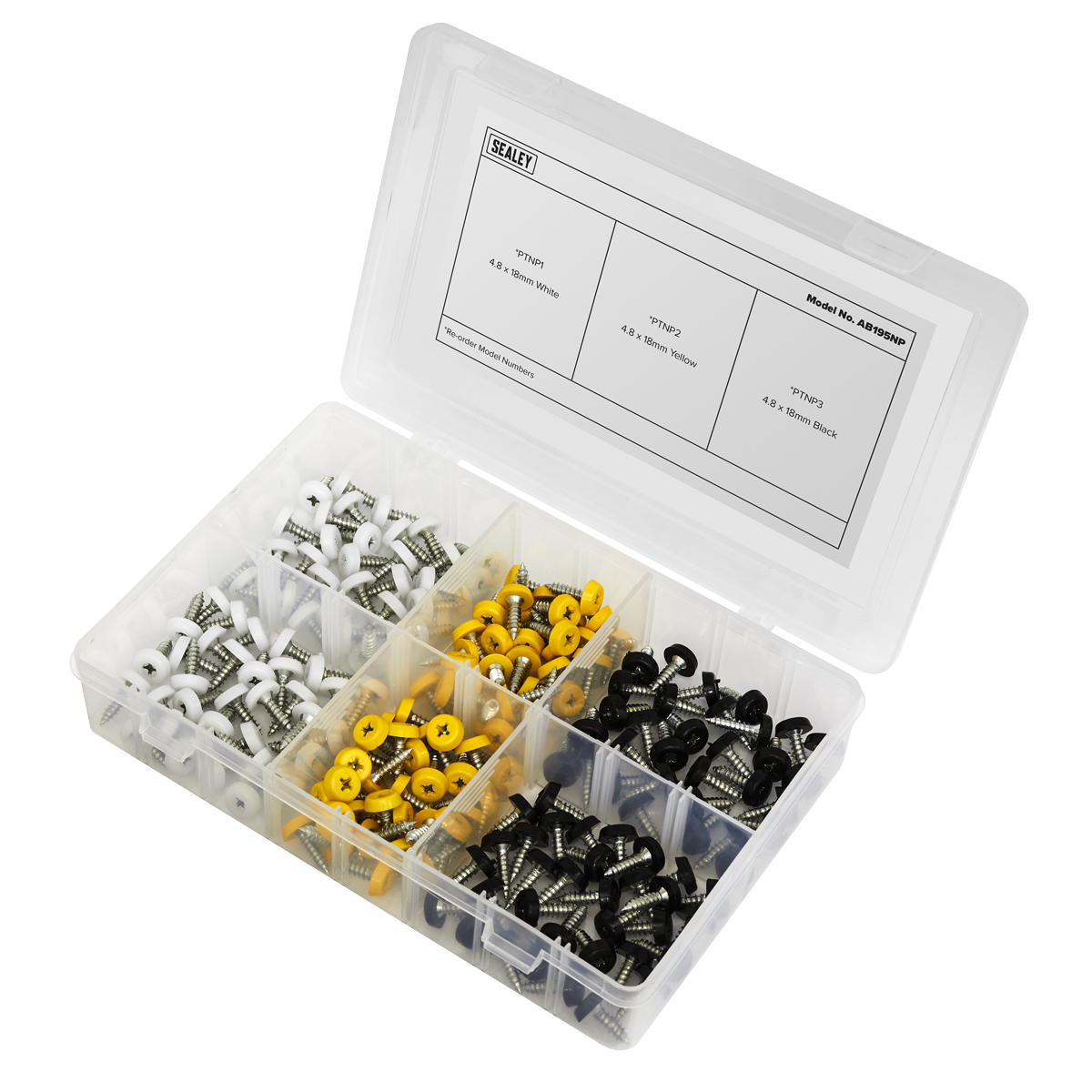 The Sealey Numberplate Screw Assortment 195pc 4.8mm x 18mm (AB195NP) comes in a partitioned box featuring a variety of screws in different colors and sizes. This plastic organizer includes compartments and a reference chart on the lid, ensuring you can easily find numberplate screws or any other hardware you need.