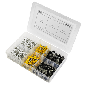 The Sealey Numberplate Screw Assortment 195pc 4.8mm x 18mm (AB195NP) comes in a partitioned box featuring a variety of screws in different colors and sizes. This plastic organizer includes compartments and a reference chart on the lid, ensuring you can easily find numberplate screws or any other hardware you need.