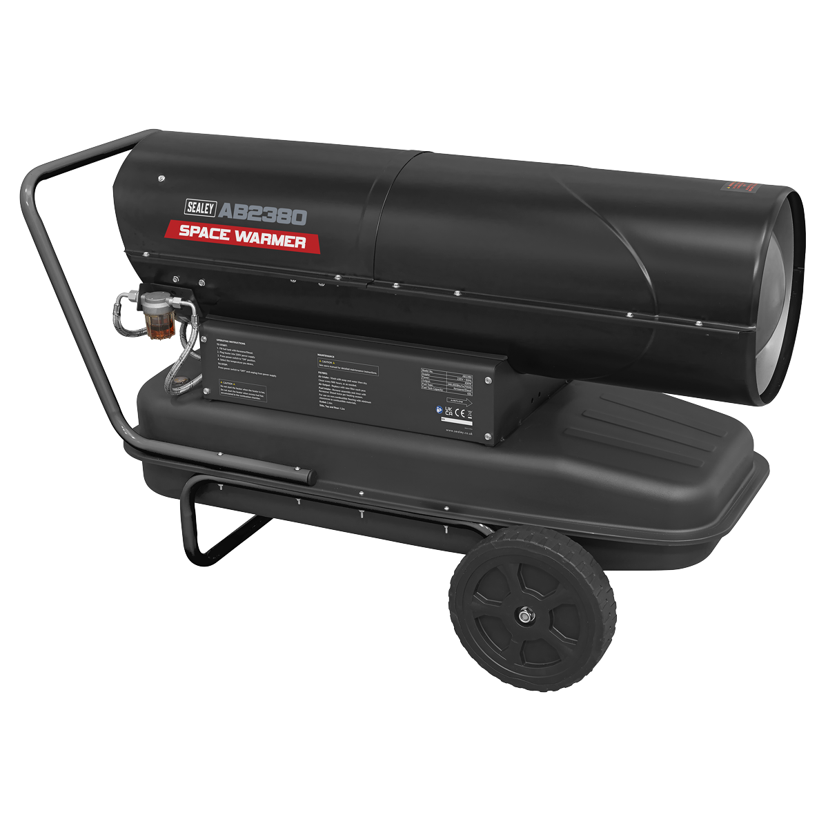 The Sealey Space Warmer® Kerosene/Diesel Heater 240,000Btu/hr with Wheels - AB2380 features a black body with a red label on the side and boasts a durable stainless steel combustion chamber.