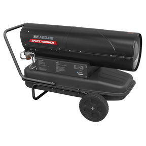 The Sealey Space Warmer® Kerosene/Diesel Heater 340,000Btu/hr, model AB3412, features a black cylindrical body mounted on a wheeled frame for easy mobility. It is designed with a control panel and handle, making it an ideal solution for efficiently heating large spaces.