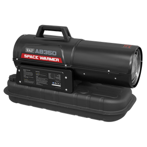 A Sealey Space Warmer® Kerosene/Diesel Heater 35,000Btu/hr AB350 in black, featuring a cylindrical body, a handle on top, and a rectangular base, positioned against a white background. This model highlights dual LED displays for easy monitoring and clean burning efficiency.