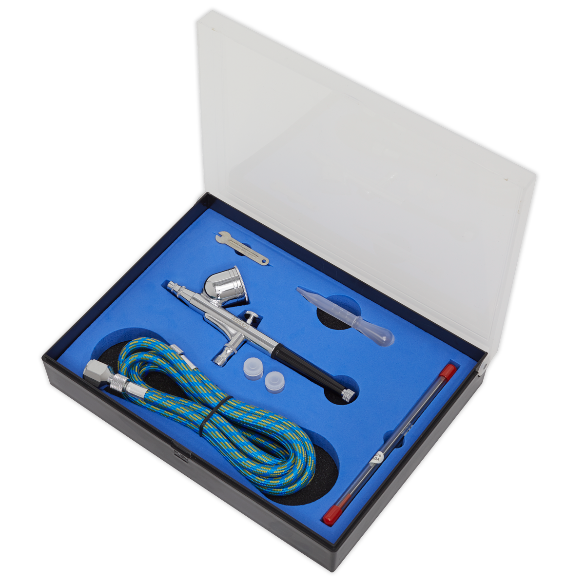 The Sealey Air Brush Kit Gravity Feed - AB9321 features a metal body, double-action trigger, 0.3mm nozzle, hose, cleaning brush, pipette, wrench, and two small containers all neatly packaged in a foam-lined box with a transparent lid.