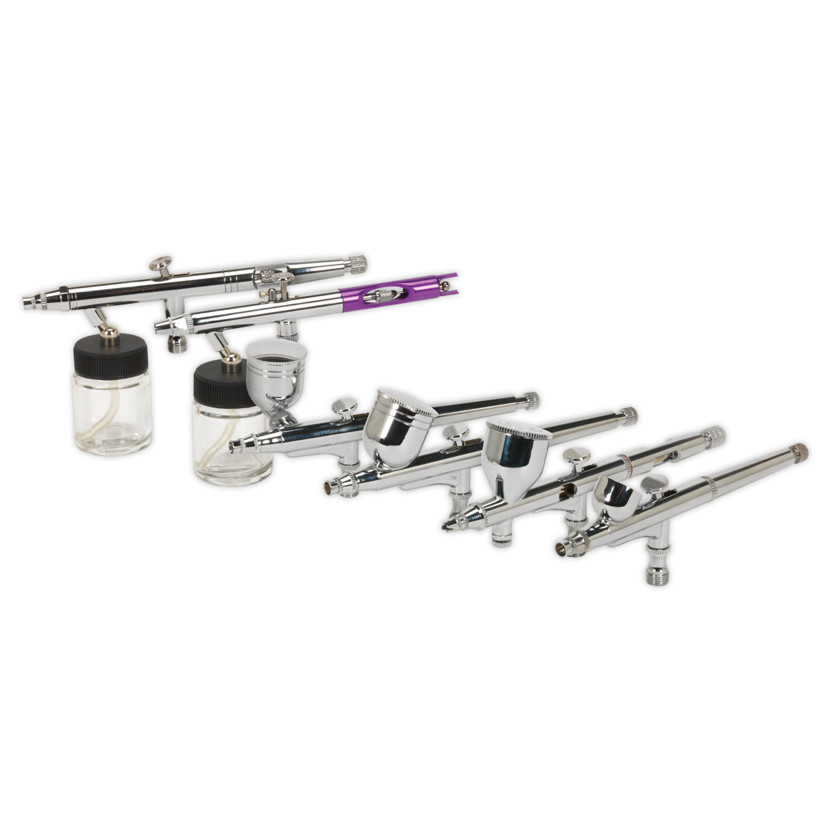 A set of ten metallic airbrushes with both gravity and suction feed options, featuring attached paint containers that include glass jars and metal cups, arranged in a row. This Sealey Mini Air Brush Kit 10pc Gravity/Suction Feed - AB936 offers precision control and double-action triggers for detailed and efficient work.