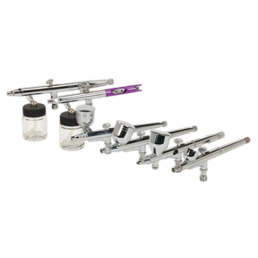 A set of ten metallic airbrushes with both gravity and suction feed options, featuring attached paint containers that include glass jars and metal cups, arranged in a row. This Sealey Mini Air Brush Kit 10pc Gravity/Suction Feed - AB936 offers precision control and double-action triggers for detailed and efficient work.