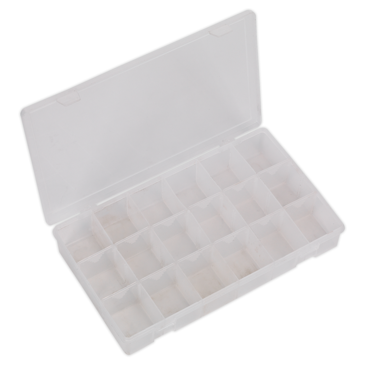 A Sealey ABBOXLAR Assortment Box with 12 Removable Dividers, featuring a transparent design, multiple small compartments, and an open lid.