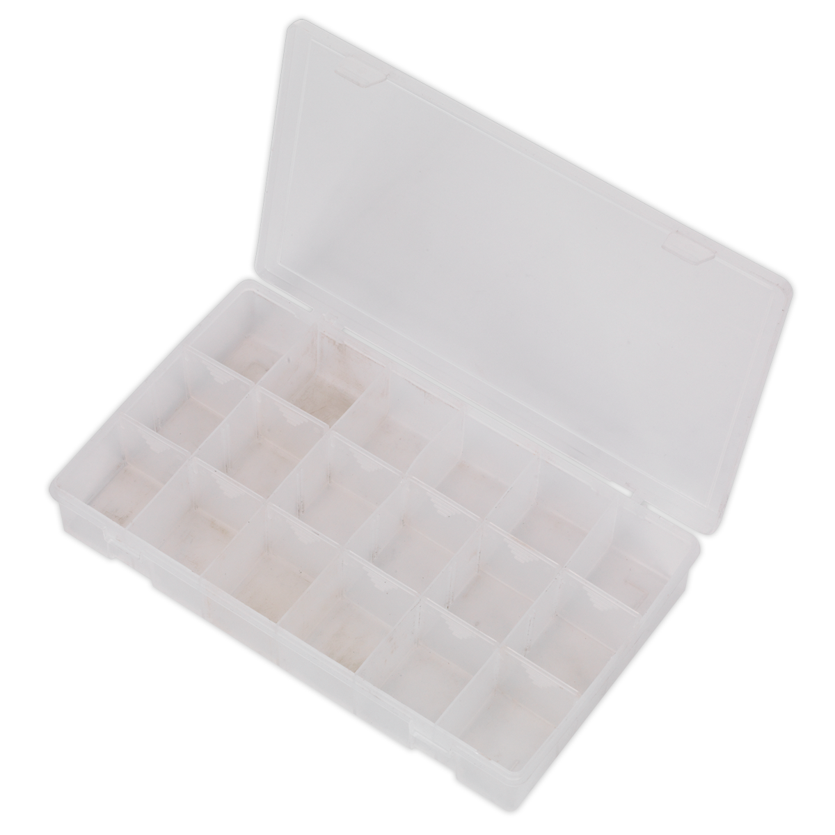 The Sealey Assortment Box with 12 Removable Dividers - ABBOXLAR features a plastic, partitioned design with a transparent lid and secure closure, containing 18 empty sections.