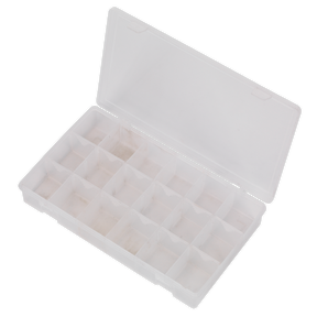 The Sealey Assortment Box with 12 Removable Dividers - ABBOXLAR features a plastic, partitioned design with a transparent lid and secure closure, containing 18 empty sections.