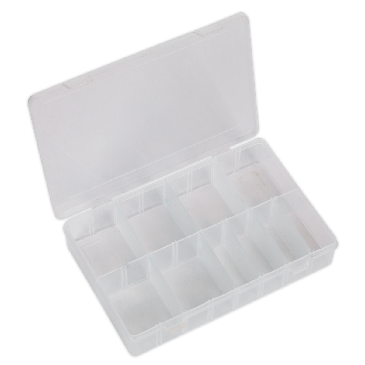 The Sealey Assortment Box (ABBOXMED) is a transparent plastic organizer box that comes with a hinged lid, secure closure, and multiple small compartments. It also features 8 removable dividers for customizable arrangement.