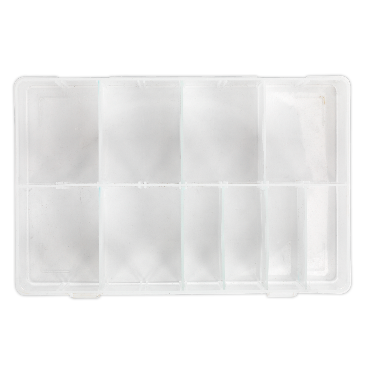 A clear, empty plastic Assortment Box with 8 Removable Dividers by Sealey (ABBOXMED) featuring eight rectangular compartments for customizable organization.