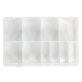 A clear, empty plastic Assortment Box with 8 Removable Dividers by Sealey (ABBOXMED) featuring eight rectangular compartments for customizable organization.