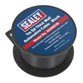 A spool of Sealey Automotive Cable Thick Wall 5A 7m Black - AC0507B with a single core section of 0.35mm², voltage up to 60V, and temperature range from -20°C to +80°C.