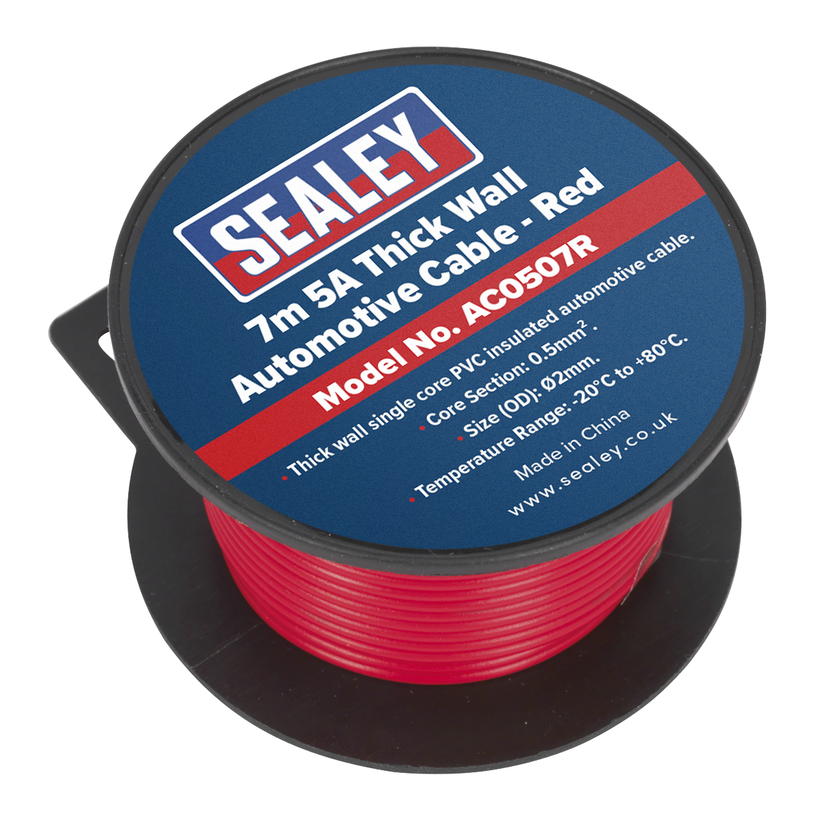 A spool of Sealey Automotive Cable Thick Wall 5A 7m in red, Model No. AC0507R. The label includes specifications: size: 0.50mm², operating temperature: -20°C to 80°C, and it's made in China.