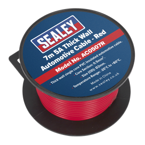 A spool of Sealey Automotive Cable Thick Wall 5A 7m in red, Model No. AC0507R. The label includes specifications: size: 0.50mm², operating temperature: -20°C to 80°C, and it's made in China.