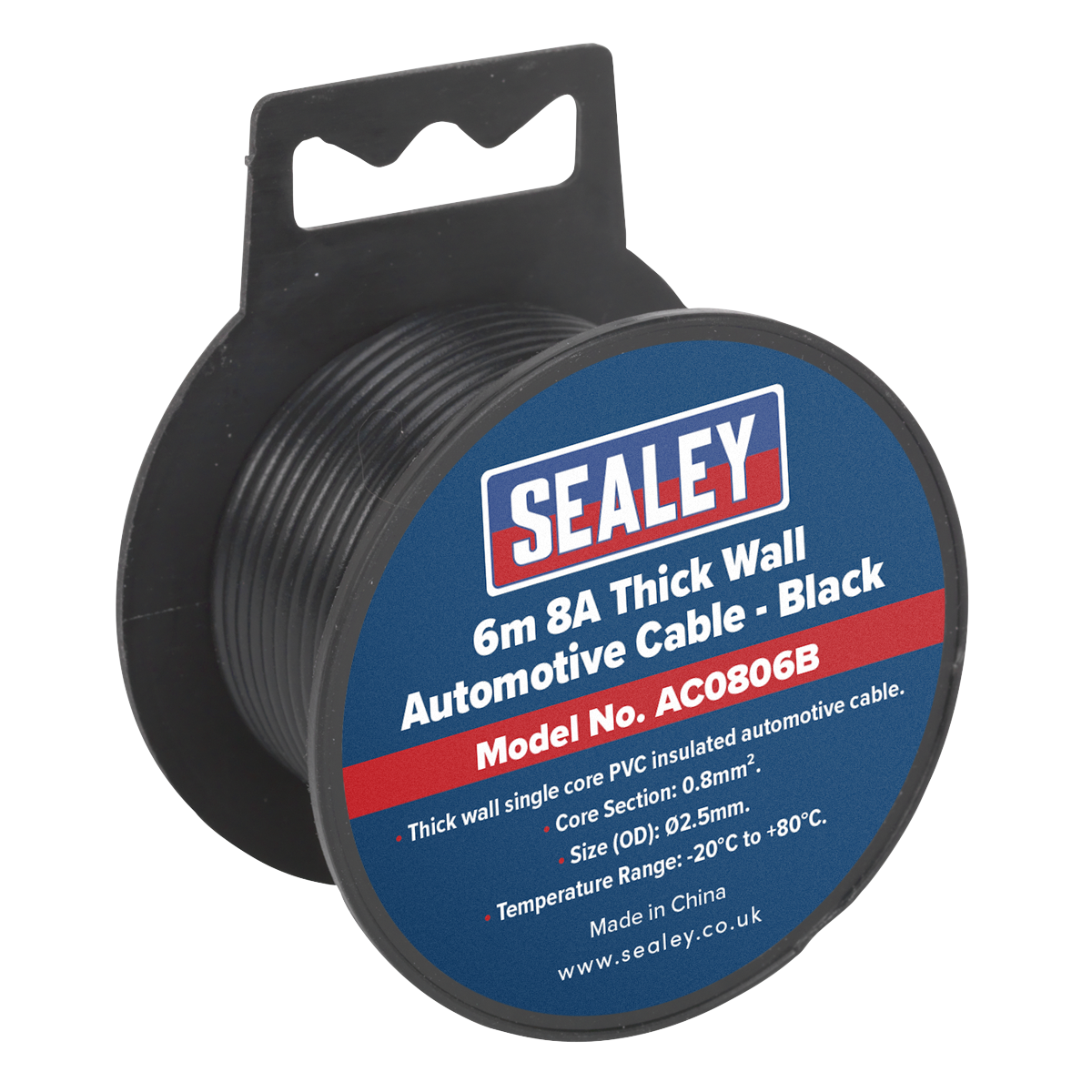 A coil of Sealey Automotive Cable Thick Wall 8A 6m Black (Model No. AC0806B) featuring a 0.8mm² core size, PVC coated insulation, and suitable for temperatures ranging from -20°C to +80°C.