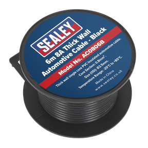 A spool of Sealey Automotive Cable Thick Wall 8A 6m Black - AC0806B features a PVC-coated exterior and specifications like size (1.00mm²), 0.8mm² core section, and temperature range (-20°C to 80°C).