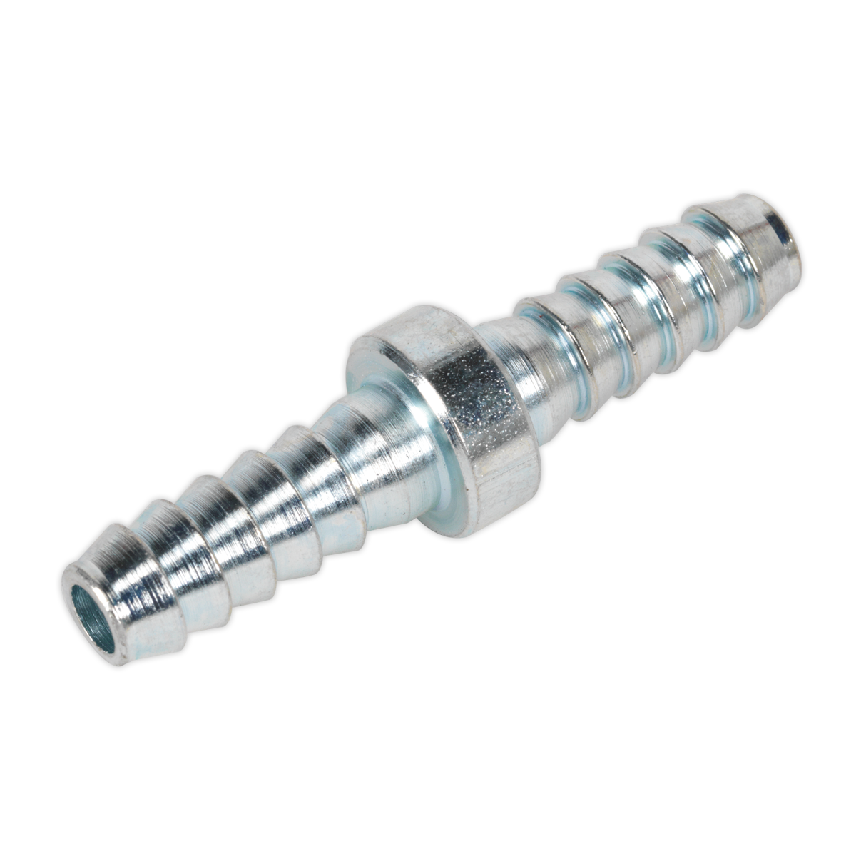 The Sealey Double End Hose Connector 1/4" Hose Pack of 5 - AC10, perfect for workshop or engineering applications, features ridges along the body and a central hexagonal section for easy tightening with wrenches.