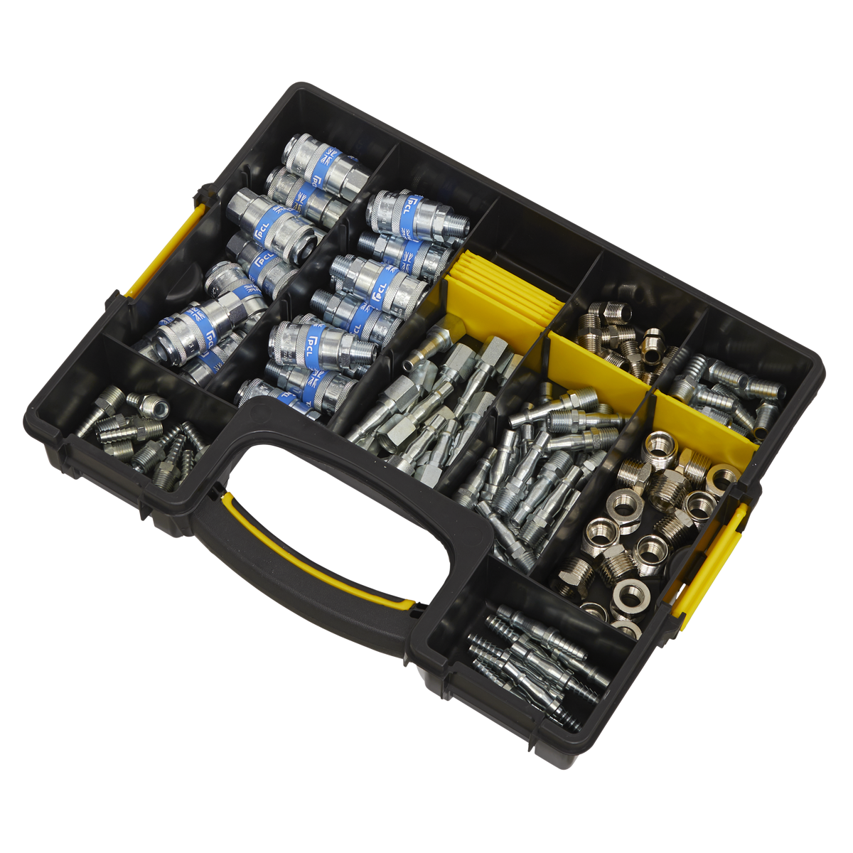 Sealey's Air Coupling Kit 110pc - AC110K is a plastic storage case with multiple compartments that hold various metal fasteners, including bolts, nuts, connectors, and adapters.