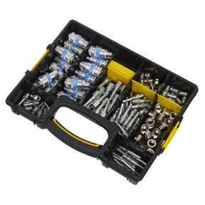 Sealey's Air Coupling Kit 110pc - AC110K is a plastic storage case with multiple compartments that hold various metal fasteners, including bolts, nuts, connectors, and adapters.