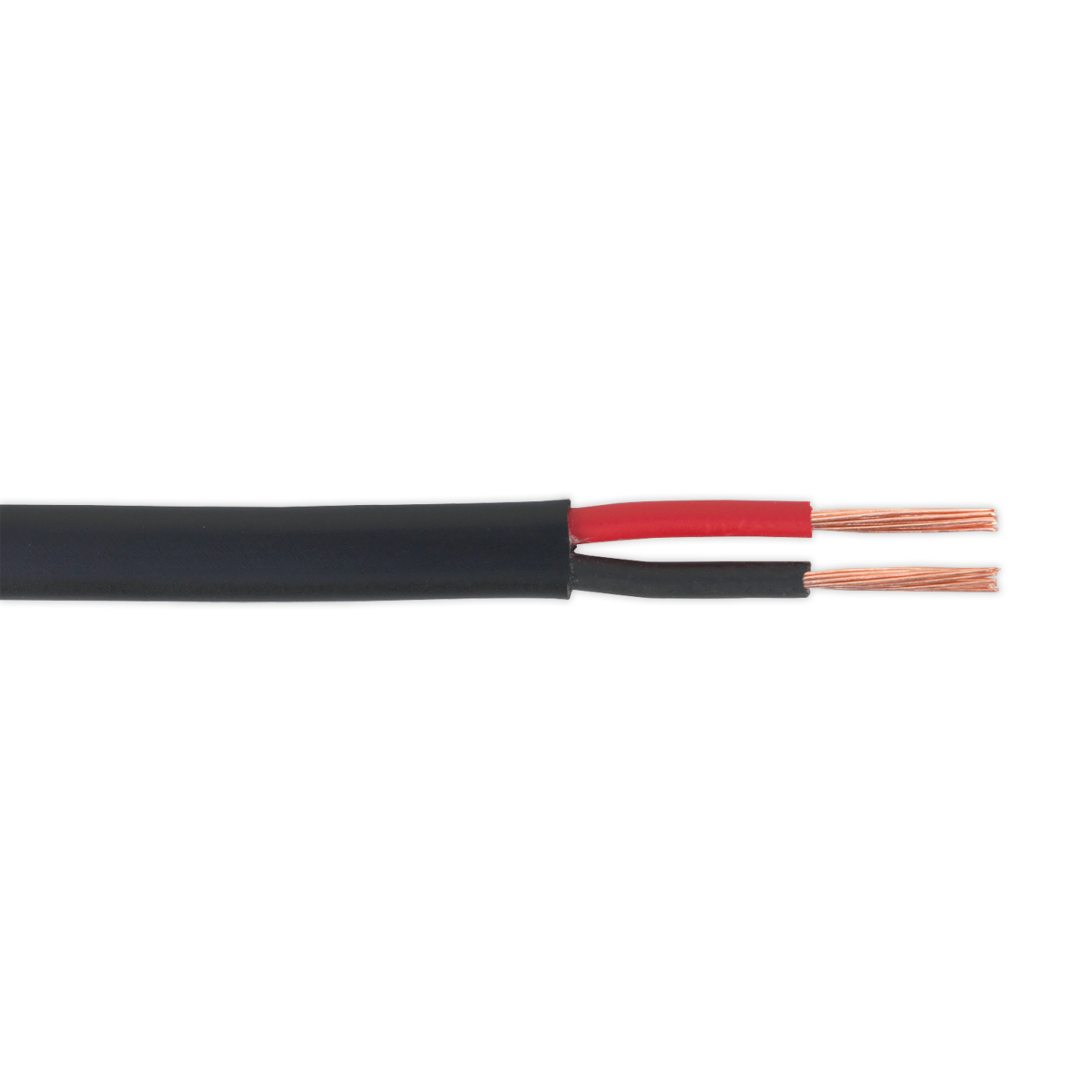 Close-up of the Sealey Automotive Cable Thick Wall Flat Twin (AC1430TWTK) with black insulation, revealing three exposed copper wires—one red and two black. This RoHS Compliant twin core conductor, 2 x 1mm² (14/0.30mm), ensures safety and reliability over its 30m length.