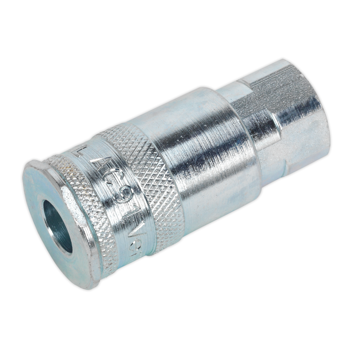 The Sealey Coupling Body Female 1/4"BSP Pack of 50 - AC15BP is a metallic, cylindrical quick-release coupling designed for connecting fluid lines. It features a knurled grip pattern, an input port, and slim profile bodies, making it compatible with standard coupling adaptors.