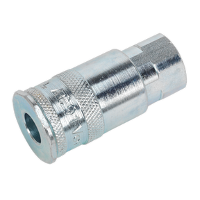 The Sealey Coupling Body Female 1/4"BSP Pack of 50 - AC15BP is a metallic, cylindrical quick-release coupling designed for connecting fluid lines. It features a knurled grip pattern, an input port, and slim profile bodies, making it compatible with standard coupling adaptors.