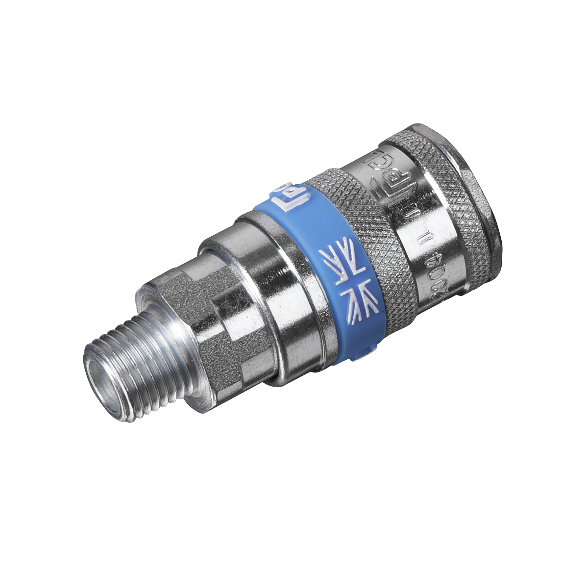 The Sealey Coupling Body Male 1/4"BSPT - AC16 is a metallic quick-release coupling fitting with a blue band that features a threaded male connector on one end and a push-to-connect mechanism on the other, designed with slim profile bodies for enhanced space efficiency.