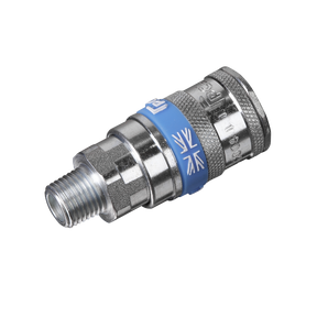 The Sealey Coupling Body Male 1/4"BSPT - AC16 is a metallic quick-release coupling fitting with a blue band that features a threaded male connector on one end and a push-to-connect mechanism on the other, designed with slim profile bodies for enhanced space efficiency.