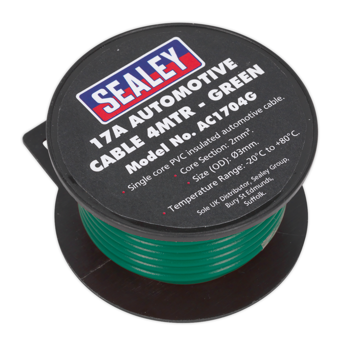 A spool labeled "Sealey Automotive Cable Thick Wall 17A 4m Green - AC1704G" for a single core, PVC coated automotive cable with a 2mm² cross section and temperature range of -20°C to +80°C.