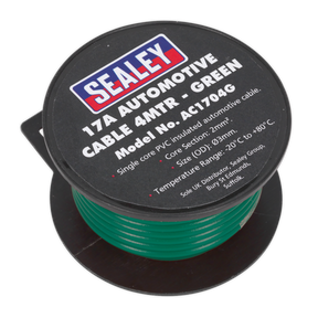 A spool labeled "Sealey Automotive Cable Thick Wall 17A 4m Green - AC1704G" for a single core, PVC coated automotive cable with a 2mm² cross section and temperature range of -20°C to +80°C.