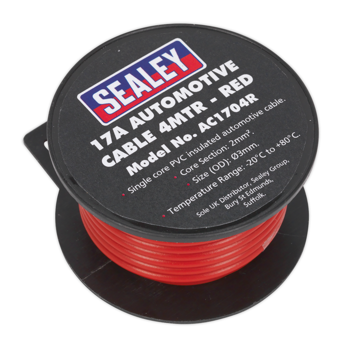 The Sealey Automotive Cable Thick Wall 17A 4m Red - AC1704R, a high-quality PVC-coated automotive cable, is displayed on a spool with a black label showcasing specifications such as the model number, a core section of 2mm², and its temperature range. This durable and reliable cable meets various vehicle wiring needs effectively.