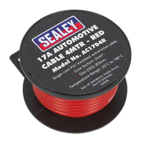 The Sealey Automotive Cable Thick Wall 17A 4m Red - AC1704R, a high-quality PVC-coated automotive cable, is displayed on a spool with a black label showcasing specifications such as the model number, a core section of 2mm², and its temperature range. This durable and reliable cable meets various vehicle wiring needs effectively.
