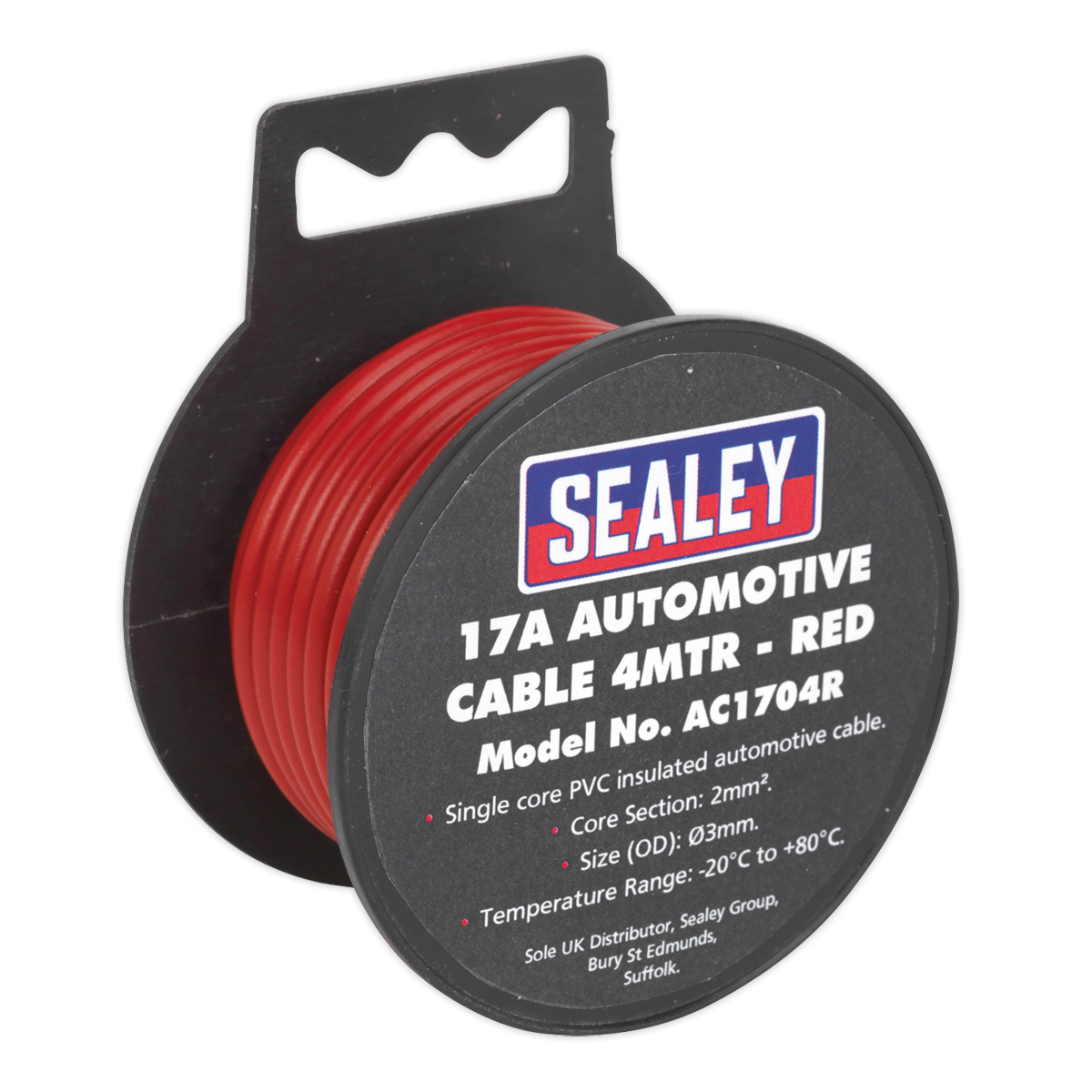 A spool of Sealey Automotive Cable Thick Wall 17A 4m Red - AC1704R, featuring a single core PVC insulation with a core section of 2mm² and an outer diameter of 3mm, operating within a temperature range of -20°C to +80°C.