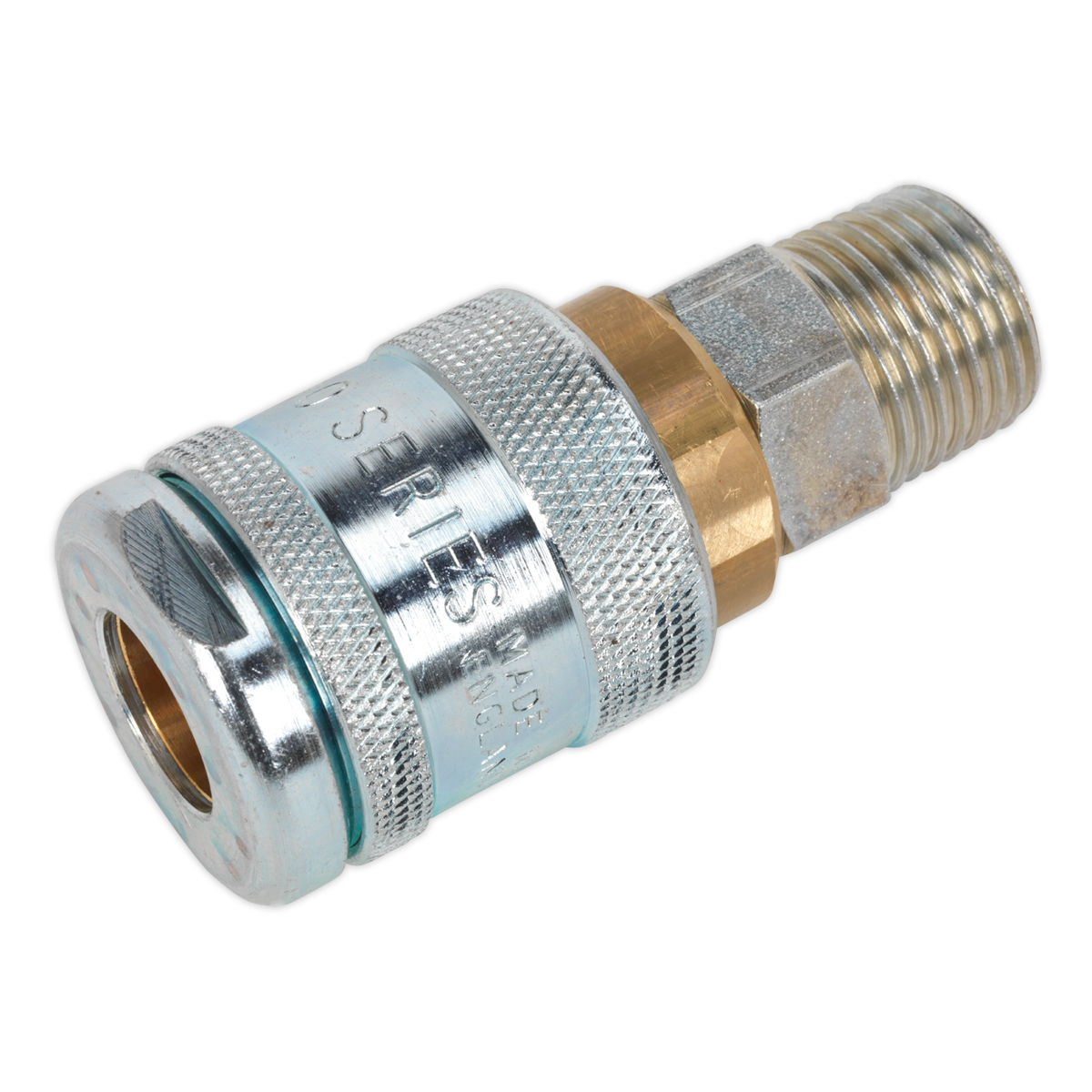 The Sealey Coupling Body Male 1/2"BSPT - AC23 features a metallic, knurled body designed for industrial applications. The left end serves as an attachment point, while the right end is threaded for connecting to piping or tubing. This 100 Series coupling adaptor ensures greater airflow rates for enhanced performance.