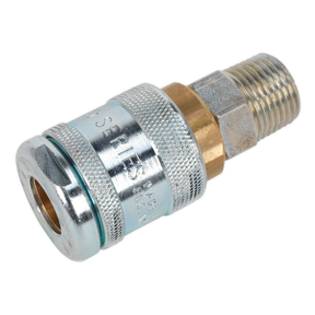 The Sealey Coupling Body Male 1/2"BSPT - AC23 features a metallic, knurled body designed for industrial applications. The left end serves as an attachment point, while the right end is threaded for connecting to piping or tubing. This 100 Series coupling adaptor ensures greater airflow rates for enhanced performance.