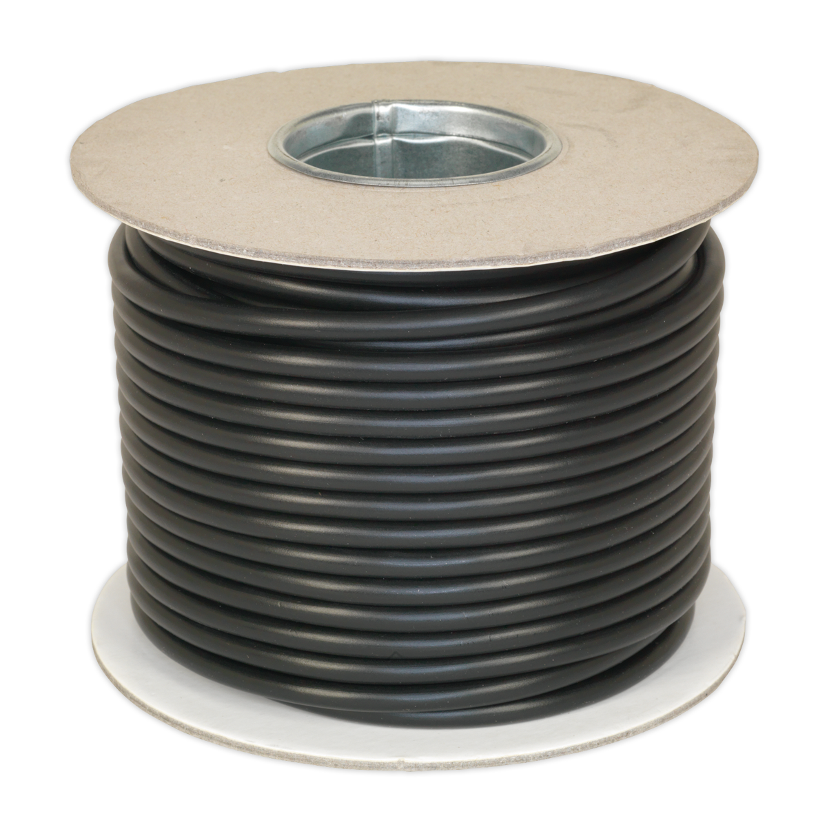 A spool of Sealey Automotive Cable Thin Wall 4 x 0.75mm² 24/0.20mm 30m Black (AC24204CTH) featuring a metallic core, cardboard ends, and RoHS compliant materials.