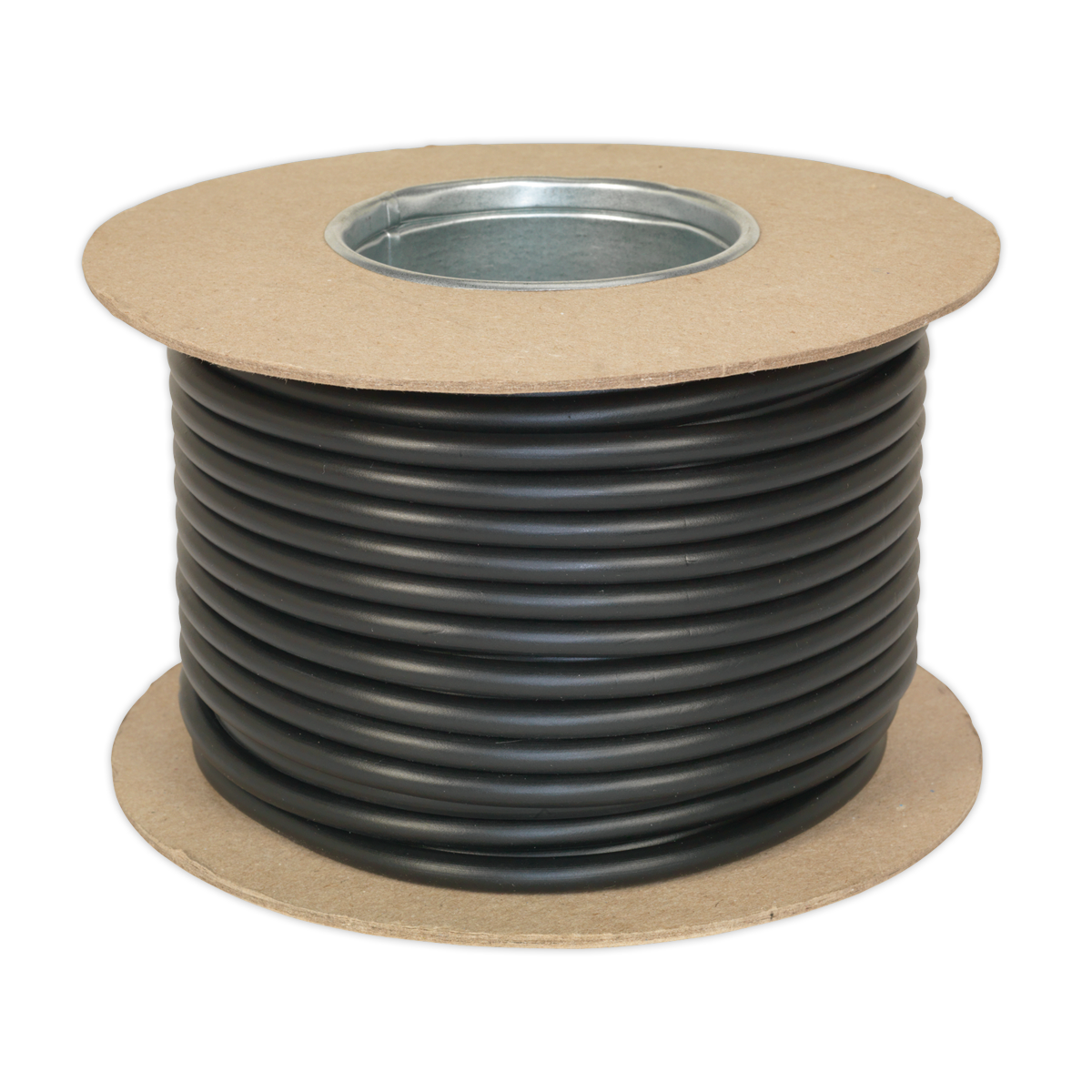 A 30-meter spool of Sealey's Automotive Cable Thin Wall 7 x 0.75mm² 24/0.20mm in black (Product Code: AC24207CTH), featuring cardboard sides and a metal center, designed for automotive use and RoHS compliant.