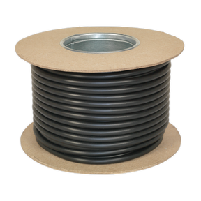 A 30-meter spool of Sealey's Automotive Cable Thin Wall 7 x 0.75mm² 24/0.20mm in black (Product Code: AC24207CTH), featuring cardboard sides and a metal center, designed for automotive use and RoHS compliant.