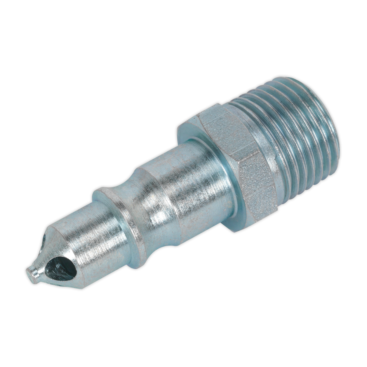 Close-up of a Sealey Screwed Adaptor Male 1/2"BSPT, packaged in sets of 2, featuring metal construction with a threaded end and a barbed fitting. This product is ideal for industrial applications and incorporates 100 Series coupling bodies for enhanced airflow rates.