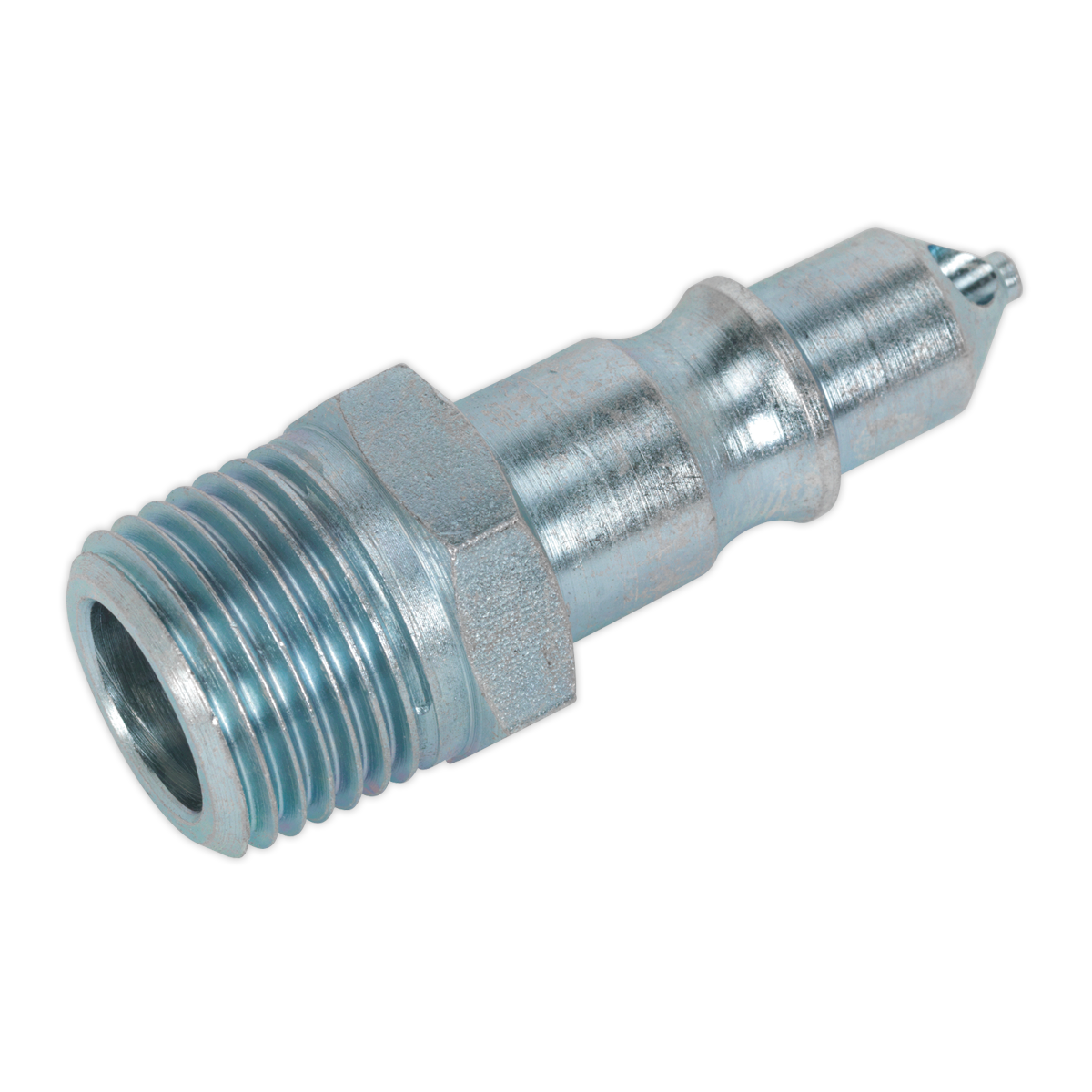 The Sealey Screwed Adaptor Male 1/2"BSPT Pack of 2 - AC26 features metallic industrial fittings with threaded ends and tapered tips, specifically designed for connecting to machinery or plumbing systems to ensure greater airflow rates for various industrial applications.