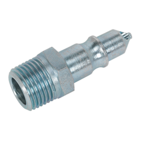 The Sealey Screwed Adaptor Male 1/2"BSPT Pack of 2 - AC26 features metallic industrial fittings with threaded ends and tapered tips, specifically designed for connecting to machinery or plumbing systems to ensure greater airflow rates for various industrial applications.