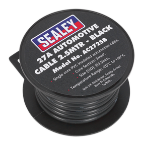 A spool of Sealey's Automotive Cable Thick Wall 27A, Model No. AC2725B, is PVC coated and black in color. Measuring 2.5 meters long with a 3mm² insulation thickness, it has a temperature range of -20°C to +85°C.