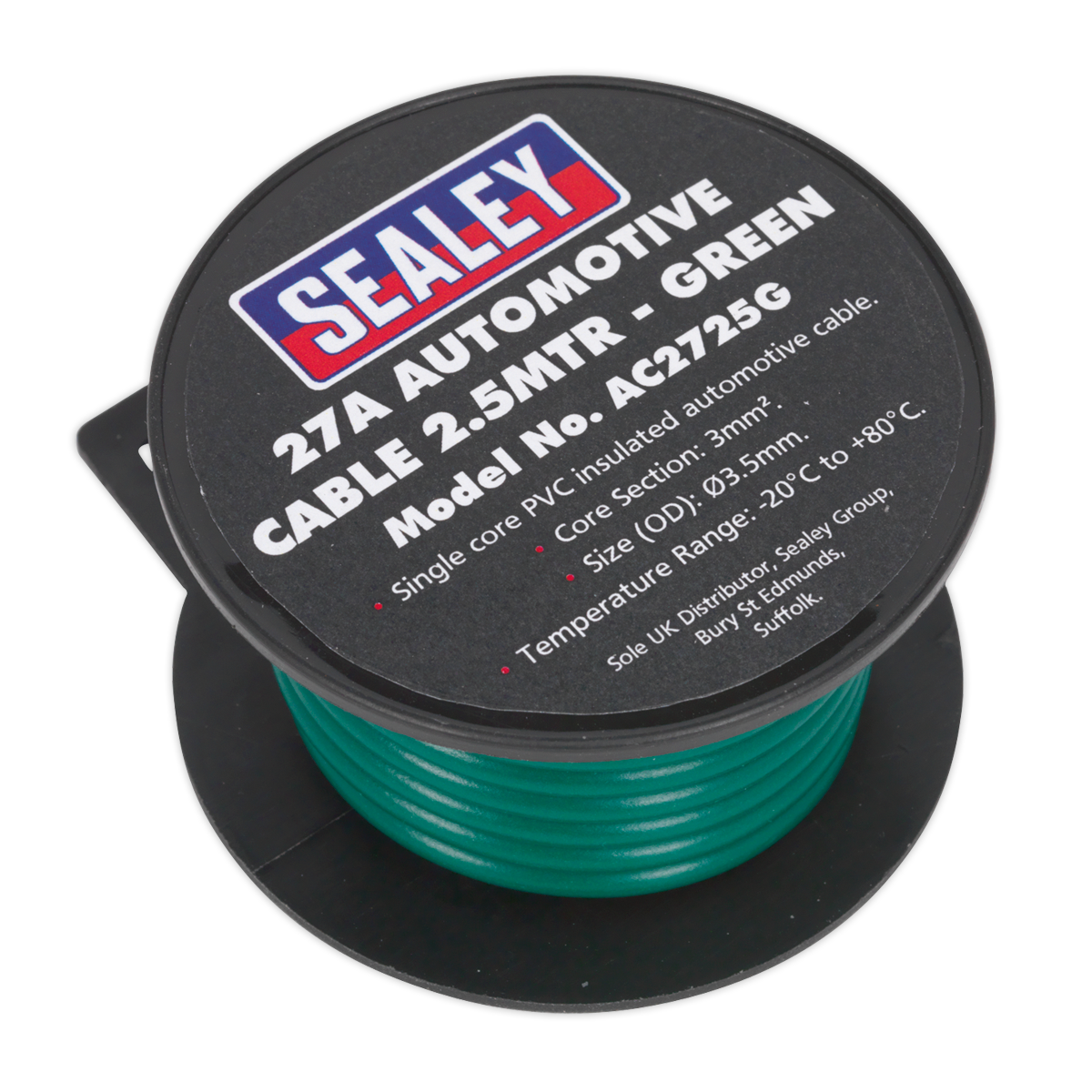 Sealey's Automotive Cable Thick Wall 27A, 2.5 meters long, in green (Model number AC2725G), is a PVC coated single core cable with 3mm² cross-sectional area and 3.5mm diameter, suitable for temperatures ranging from -20°C to +80°C.