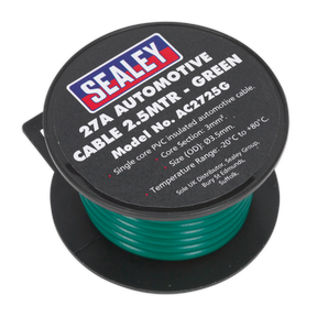 Sealey's Automotive Cable Thick Wall 27A, 2.5 meters long, in green (Model number AC2725G), is a PVC coated single core cable with 3mm² cross-sectional area and 3.5mm diameter, suitable for temperatures ranging from -20°C to +80°C.