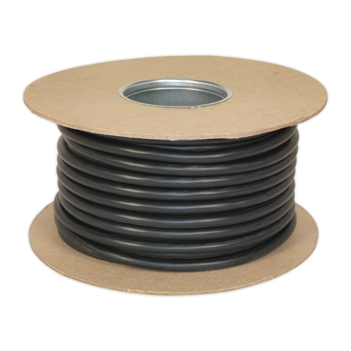 A spool of Sealey Automotive Cable Thin Wall 6 x 1mm² 32/0.20mm, 1 x 2mm² 28/0.30mm, RoHS compliant and spanning 30 meters in black, is neatly coiled around a cardboard reel with a metal center.