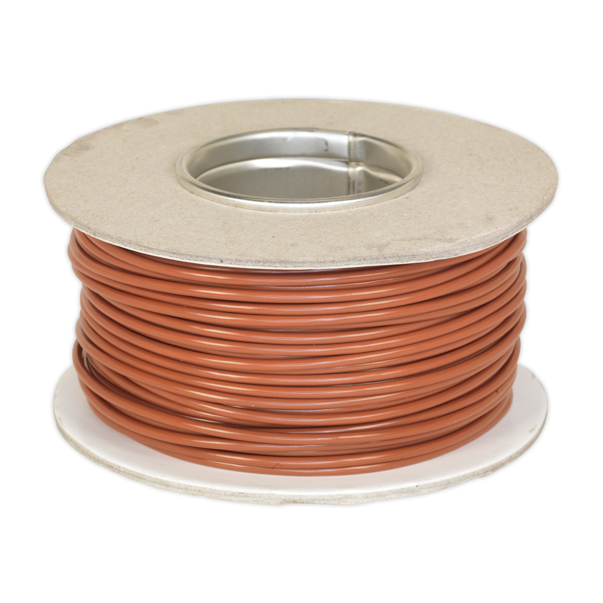 A spool of Automotive Cable Thin Wall Single 2mm² 28/0.30mm 50m Brown - AC2830BN by Sealey, neatly wound around a cardboard core with a metal center, featuring a single core conductor and RoHS compliant standards.