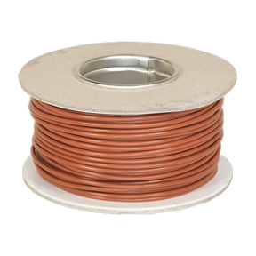 A spool of Automotive Cable Thin Wall Single 2mm² 28/0.30mm 50m Brown - AC2830BN by Sealey, neatly wound around a cardboard core with a metal center, featuring a single core conductor and RoHS compliant standards.