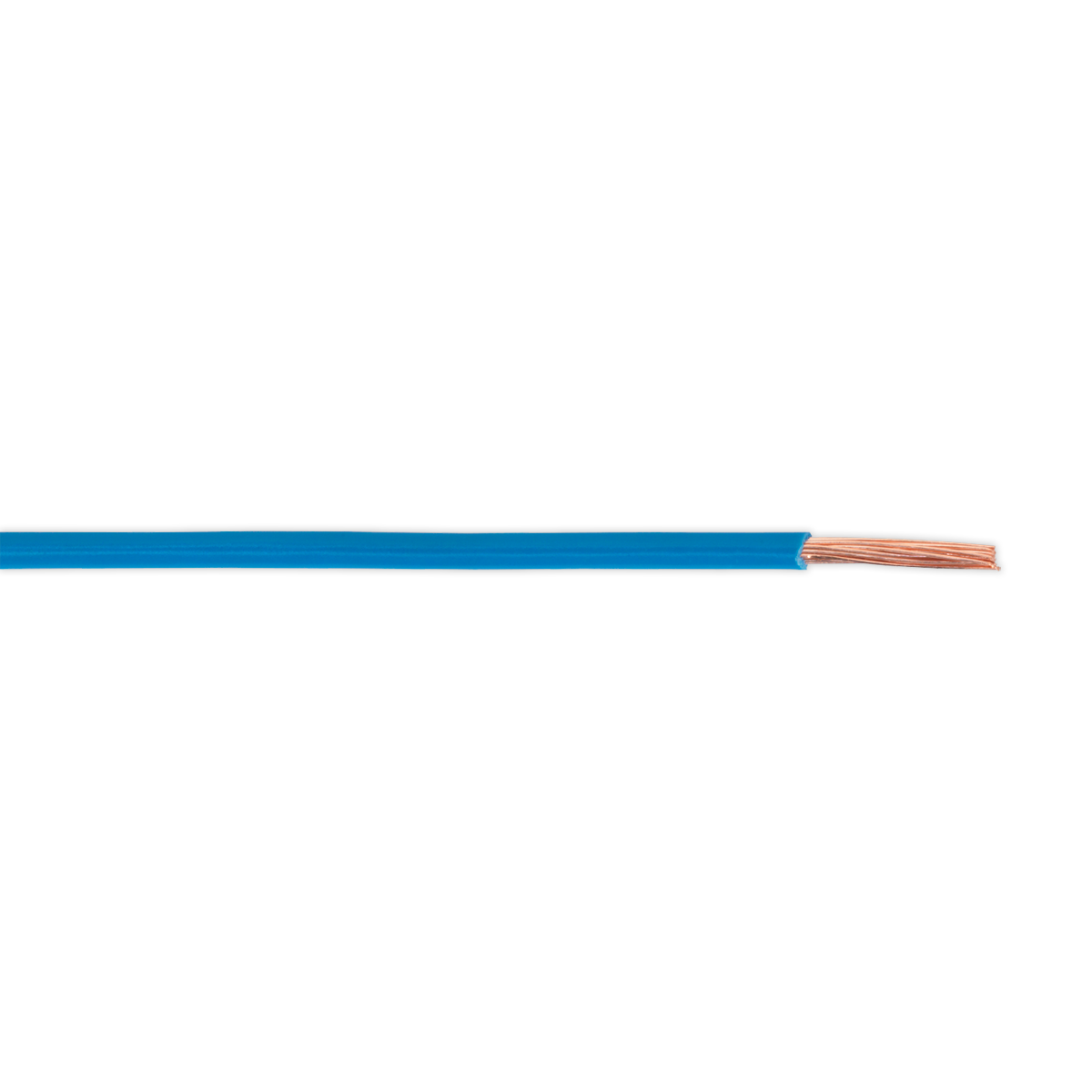 The Sealey Automotive Cable Thin Wall Single 2mm² 28/0.30mm 50m Blue - AC2830BU, partially stripped at one end to reveal copper wires, features a single core conductor and meets RoHS compliance standards.