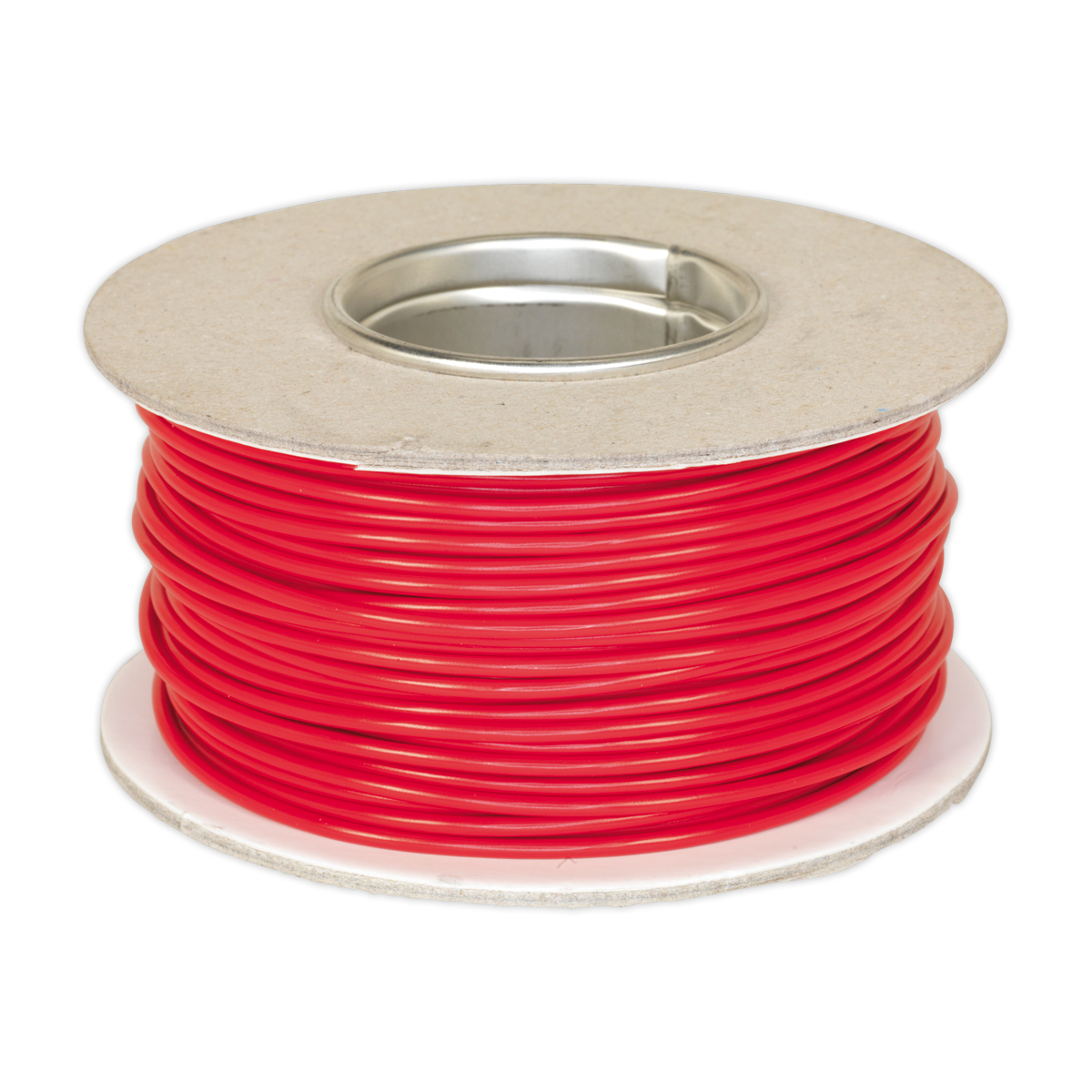 Sealey's AC2830RE product is a 50m spool of red, thin-wall automotive cable. This single core conductor cable, sized at 2mm² with 28/0.30mm strands, comes neatly coiled on a cardboard reel featuring a central metal core and is RoHS compliant.