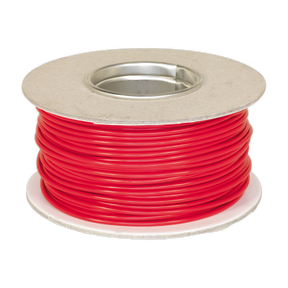 Sealey's AC2830RE product is a 50m spool of red, thin-wall automotive cable. This single core conductor cable, sized at 2mm² with 28/0.30mm strands, comes neatly coiled on a cardboard reel featuring a central metal core and is RoHS compliant.